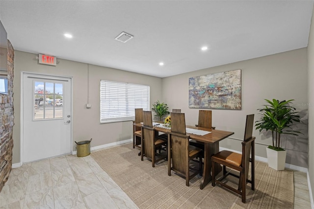 dining area with recessed lighting, visible vents, and baseboards