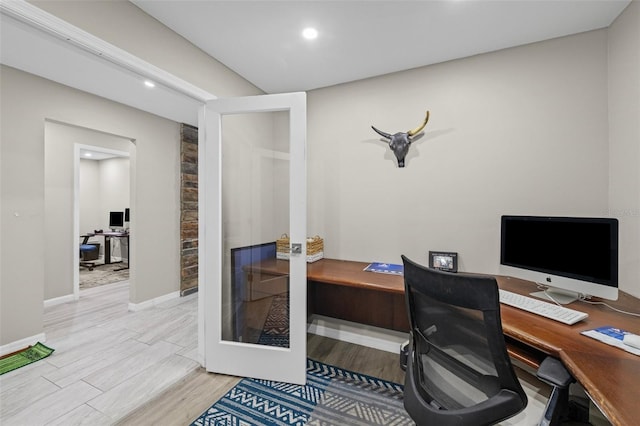 office featuring recessed lighting, wood finished floors, baseboards, and french doors