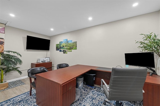 office area featuring recessed lighting, baseboards, and wood finished floors