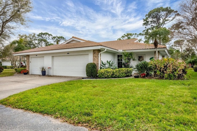 view of front facade with stucco siding, a garage, driveway, a tiled roof, and a front lawn