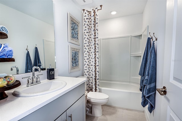 bathroom featuring vanity, shower / tub combo, tile patterned flooring, and toilet