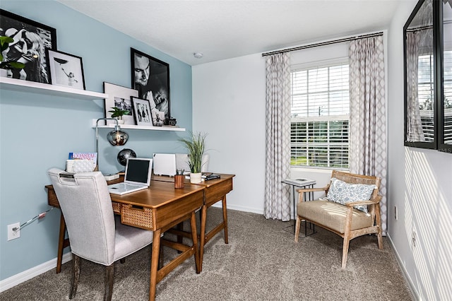 home office featuring carpet floors and baseboards