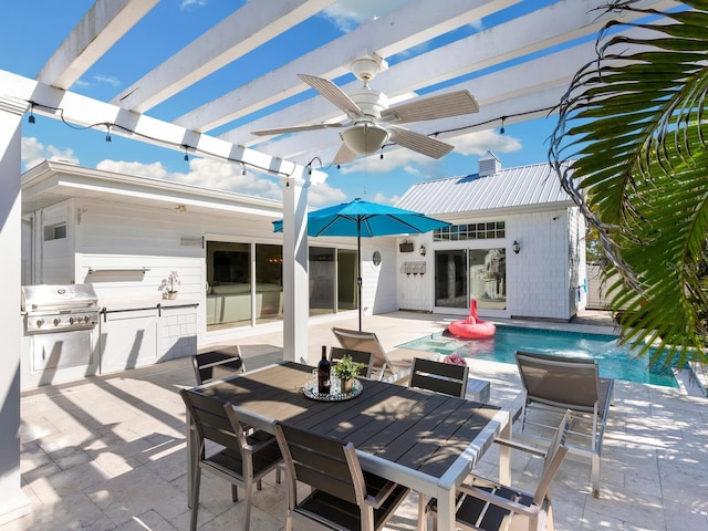 view of patio / terrace featuring a ceiling fan, outdoor dining space, a grill, and a pergola