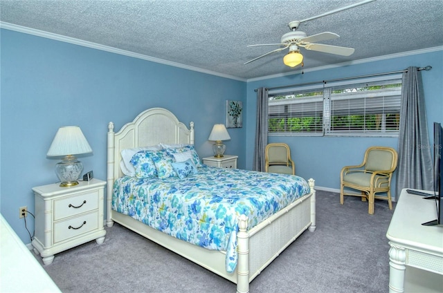 bedroom with a textured ceiling, carpet floors, and crown molding