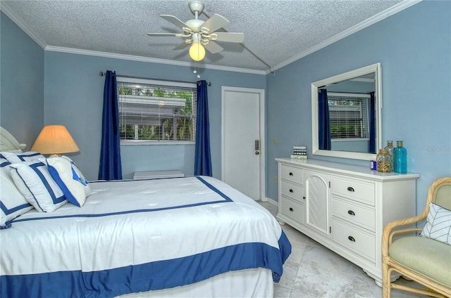 bedroom featuring ceiling fan, a textured ceiling, and crown molding