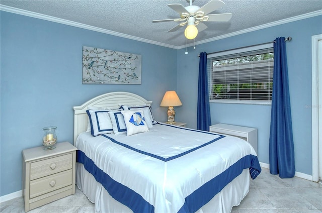 bedroom with a ceiling fan, baseboards, ornamental molding, and a textured ceiling