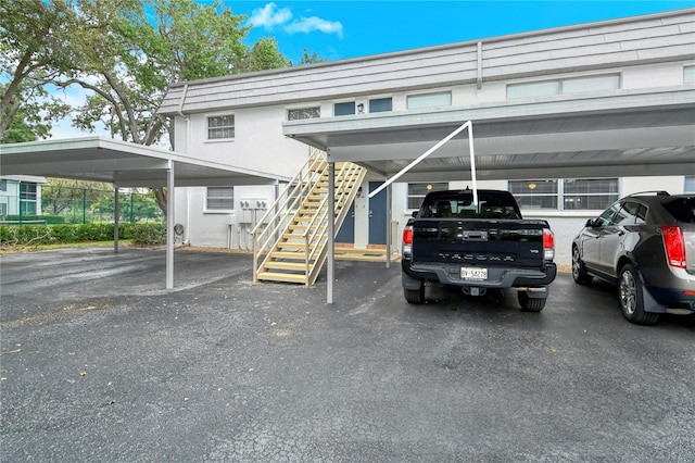 covered parking lot with stairway