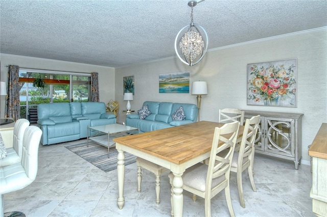 dining area with a textured ceiling, a chandelier, and crown molding