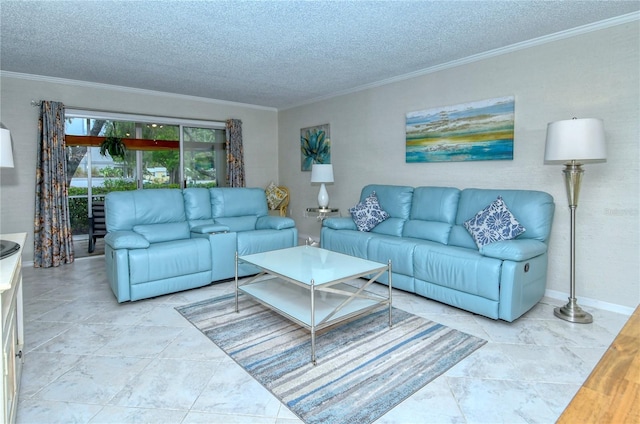 living area with a textured ceiling and crown molding