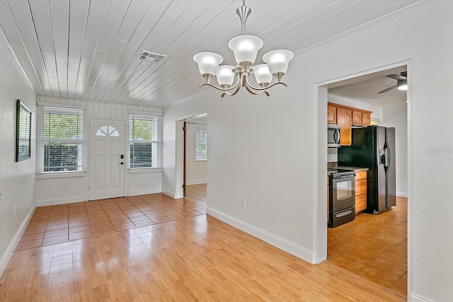 foyer entrance with light tile patterned floors, visible vents, wooden ceiling, baseboards, and ceiling fan with notable chandelier