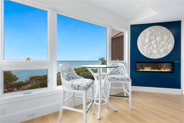 sunroom featuring a glass covered fireplace and a water view