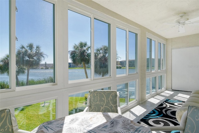 sunroom / solarium featuring a water view