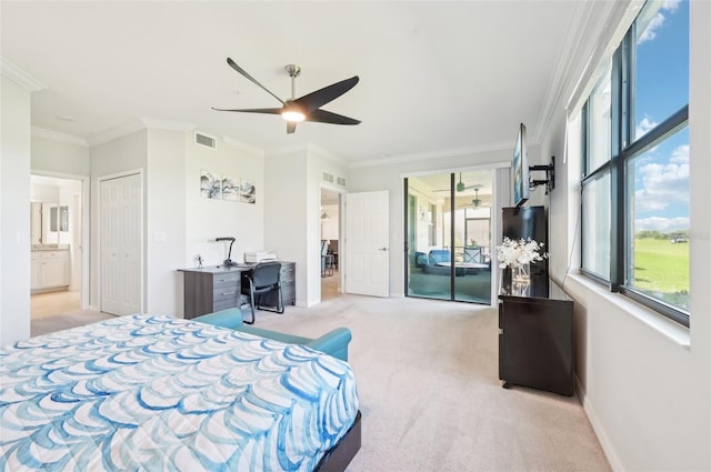 bedroom with ornamental molding, carpet, multiple windows, and visible vents