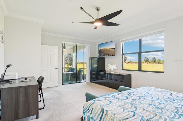 bedroom featuring ceiling fan, access to outside, carpet, and crown molding