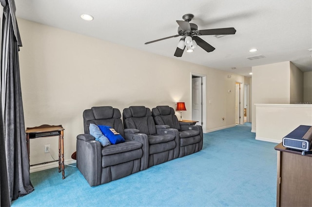 6156 41st St E, Bradenton, FL 34203 - living room featuring carpet floors, a ceiling fan, and recessed lighting