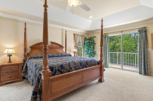 6156 41st St E, Bradenton, FL 34203 - bedroom featuring carpet flooring, access to outside, crown molding, a raised ceiling, and ceiling fan