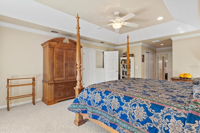 6156 41st St E, Bradenton, FL 34203 - bedroom with a tray ceiling, light carpet, recessed lighting, ornamental molding, and ceiling fan