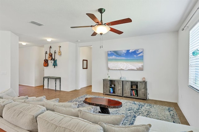 living room featuring visible vents and ceiling fan