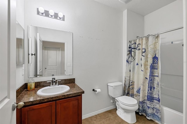 full bathroom with toilet, shower / tub combo with curtain, baseboards, tile patterned flooring, and vanity
