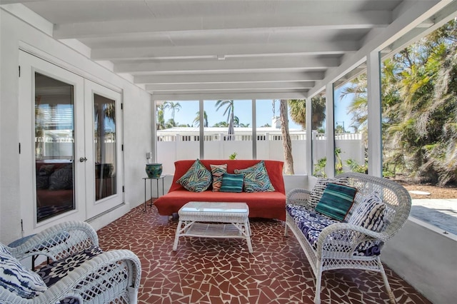 sunroom with french doors and beam ceiling