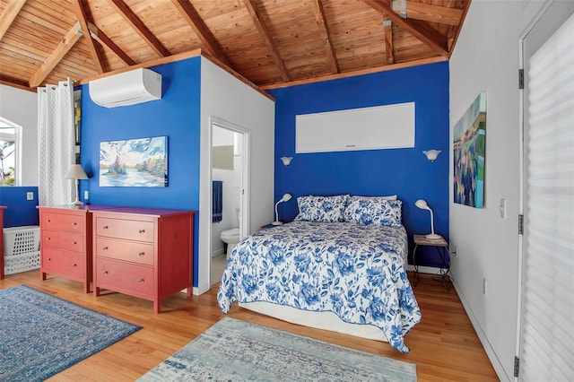 bedroom with vaulted ceiling with beams, wood ceiling, wood finished floors, and a wall mounted air conditioner