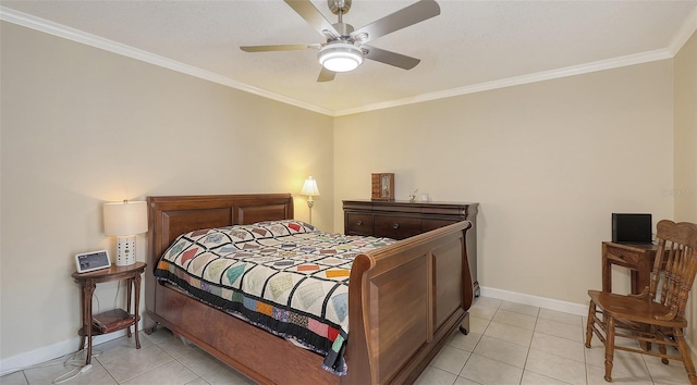 bedroom featuring light tile patterned floors, a ceiling fan, baseboards, and ornamental molding