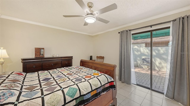 bedroom with light tile patterned floors, a textured ceiling, crown molding, and access to outside