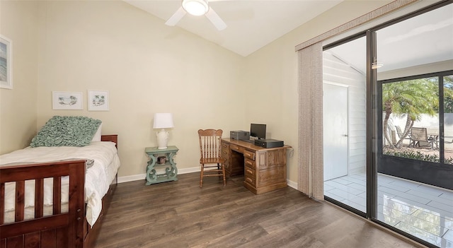 bedroom featuring baseboards, lofted ceiling, wood finished floors, and access to outside