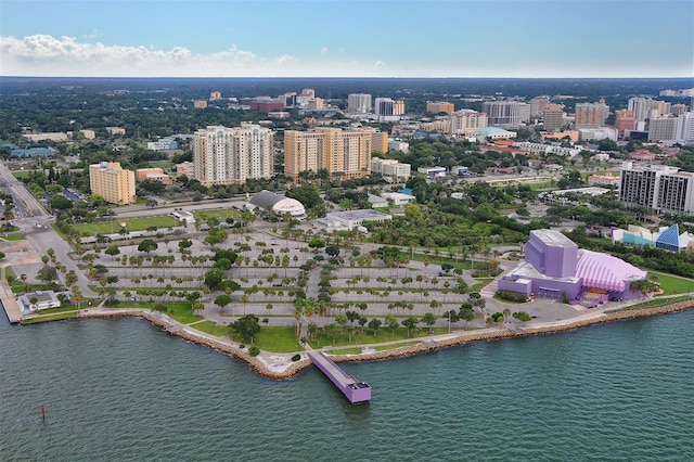 aerial view with a city view and a water view