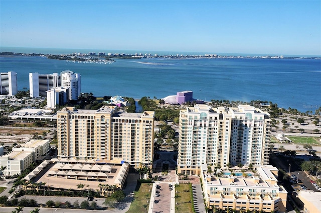 bird's eye view featuring a view of city and a water view