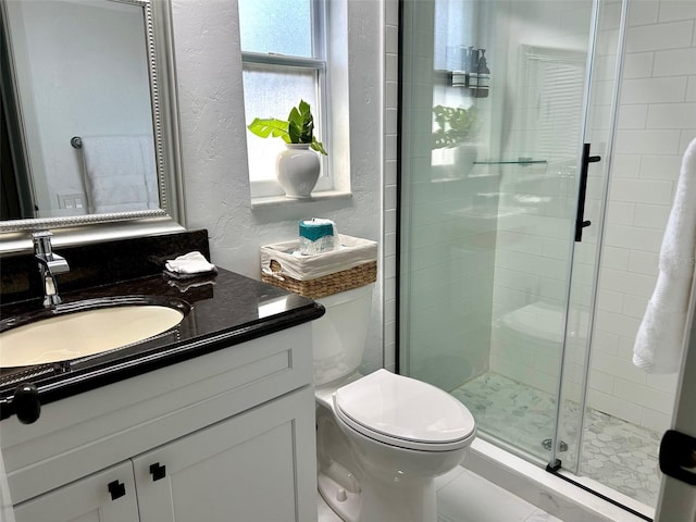 bathroom featuring toilet, a shower stall, vanity, and a textured wall