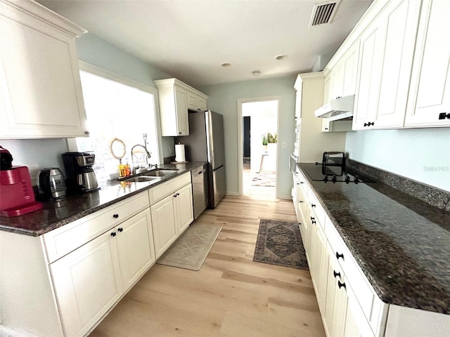 kitchen with light wood finished floors, visible vents, stainless steel dishwasher, a sink, and under cabinet range hood