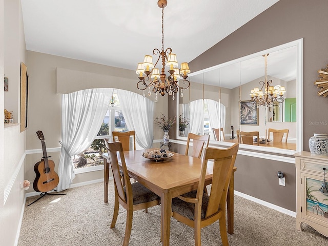 dining space featuring a chandelier, arched walkways, lofted ceiling, and light colored carpet