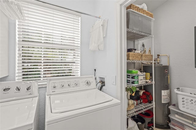 laundry room with laundry area, washing machine and dryer, and electric water heater