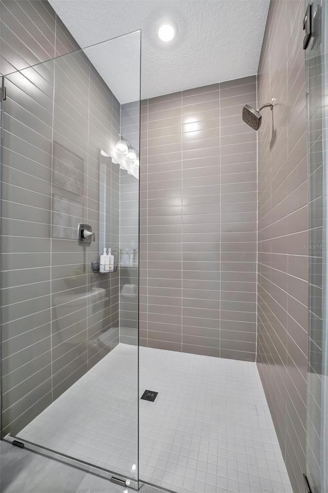 6027 White Mangrove Ln, Bradenton, FL 34210 - bathroom with a tile shower and a textured ceiling