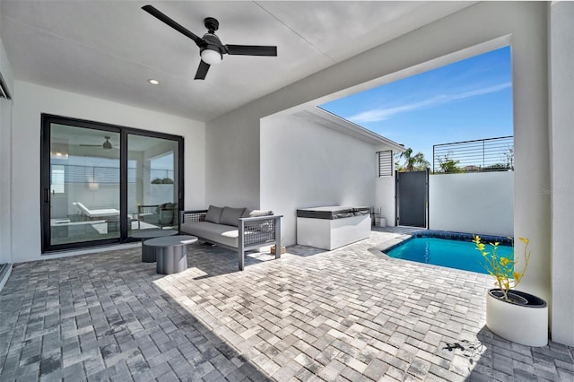 6027 White Mangrove Ln, Bradenton, FL 34210 - view of patio featuring an outdoor living space, an outdoor pool, a ceiling fan, and fence