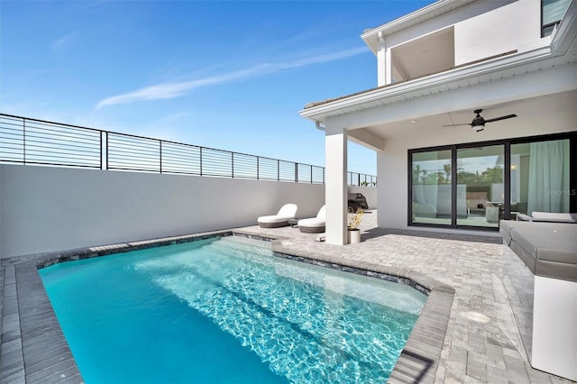 6027 White Mangrove Ln, Bradenton, FL 34210 - view of swimming pool with a patio area, a ceiling fan, and fence