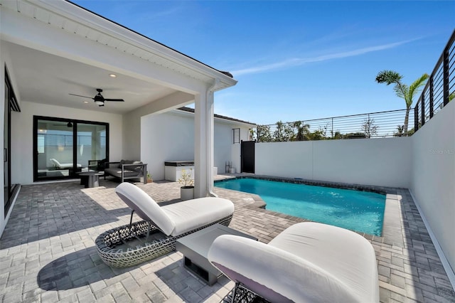 6027 White Mangrove Ln, Bradenton, FL 34210 - view of pool with a patio, a fenced backyard, a ceiling fan, and an outdoor hangout area