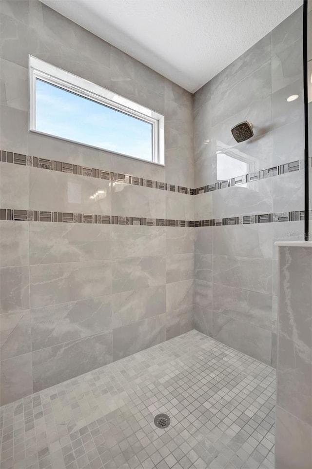 6027 White Mangrove Ln, Bradenton, FL 34210 - full bathroom featuring a textured ceiling and a tile shower