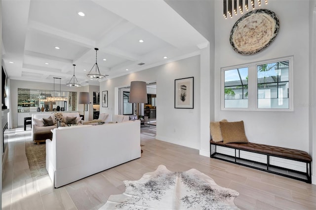 living room featuring recessed lighting, beamed ceiling, baseboards, and coffered ceiling