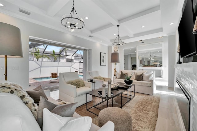 living room with visible vents, coffered ceiling, beamed ceiling, and a notable chandelier