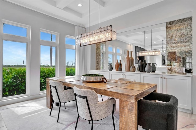 dining room with beamed ceiling, recessed lighting, a high ceiling, and coffered ceiling