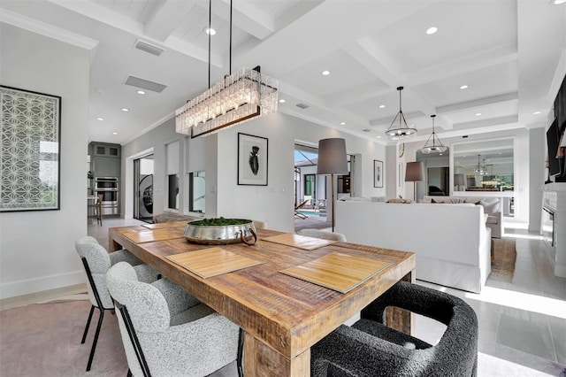 dining area with beamed ceiling, recessed lighting, baseboards, and coffered ceiling