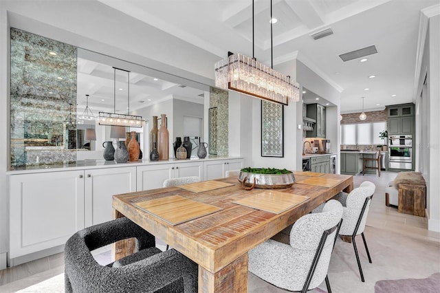 dining area with beam ceiling, recessed lighting, visible vents, and coffered ceiling