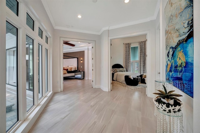 hallway featuring recessed lighting, light wood-type flooring, baseboards, and ornamental molding