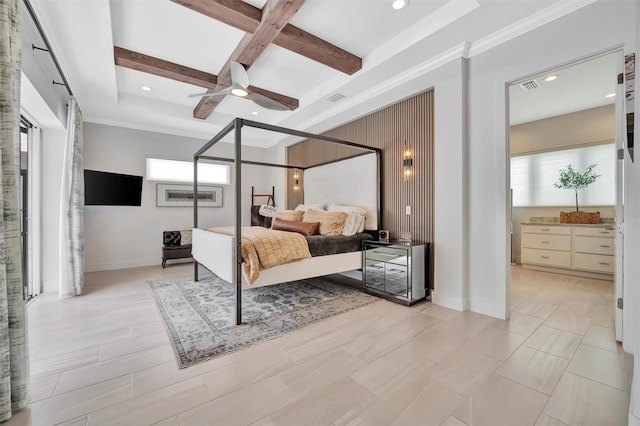 bedroom featuring visible vents, baseboards, beam ceiling, recessed lighting, and coffered ceiling