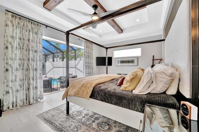 bedroom featuring beam ceiling, a ceiling fan, access to outside, coffered ceiling, and tile patterned flooring