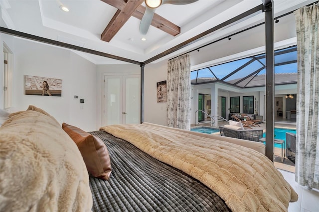 bedroom with beam ceiling, a ceiling fan, access to outside, coffered ceiling, and a sunroom