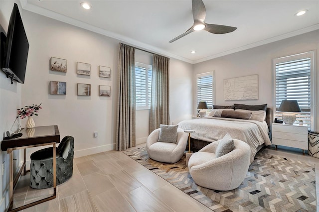 bedroom with a ceiling fan, recessed lighting, baseboards, and ornamental molding