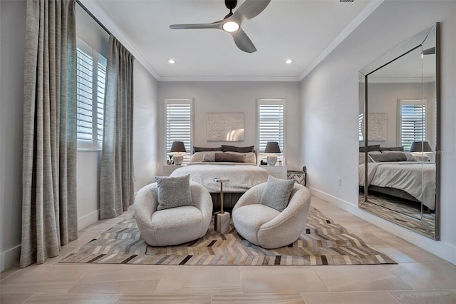 bedroom with recessed lighting, baseboards, a ceiling fan, and crown molding